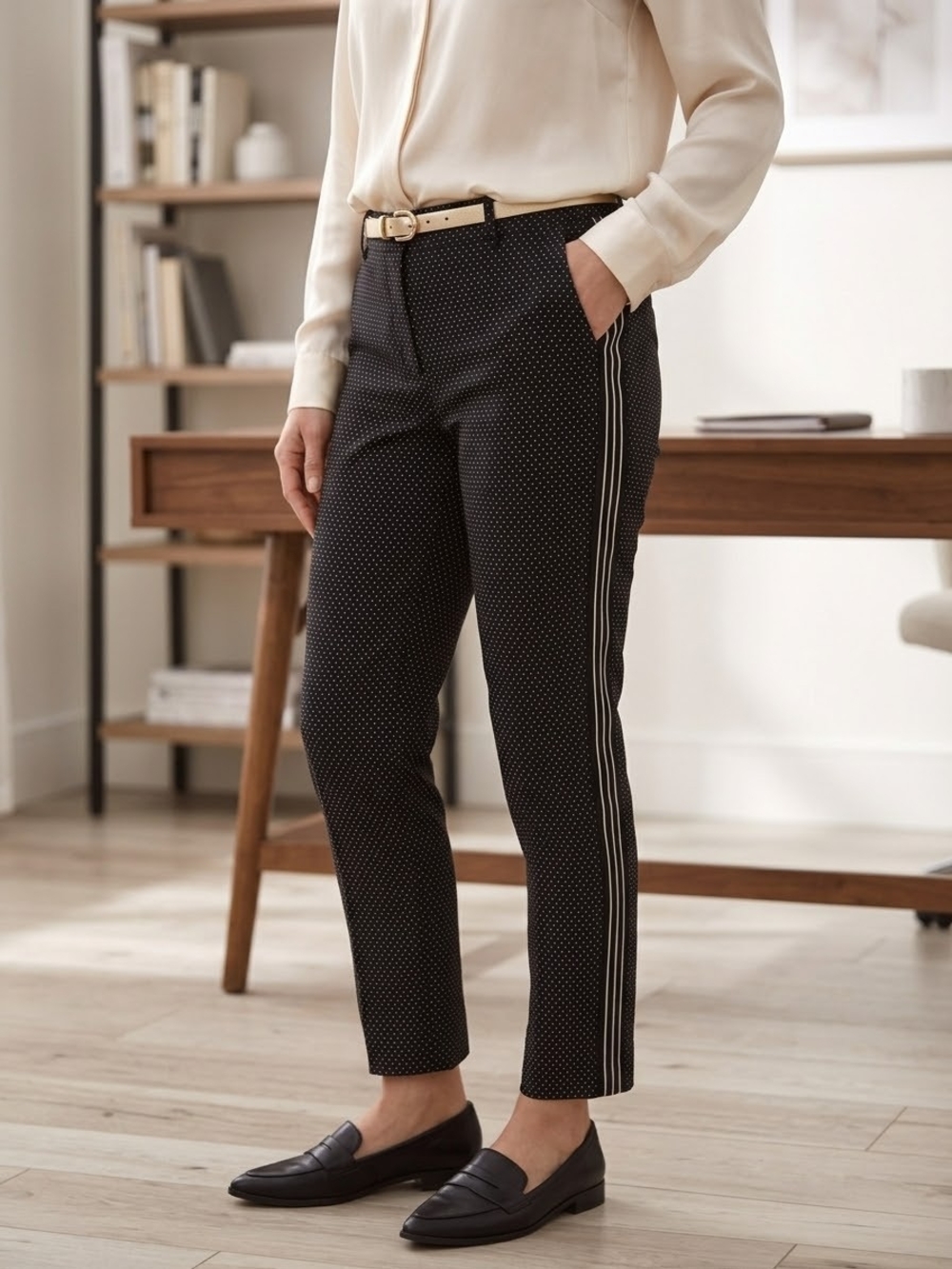 Reitmans Black Polka Dot Pants with Side Stripes